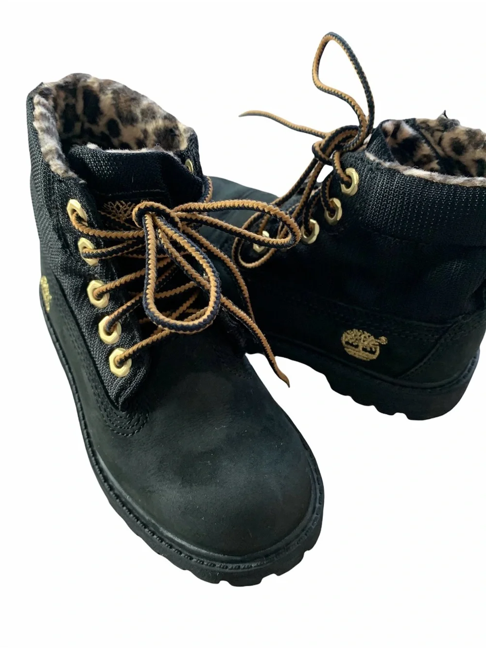 Timberland Kids Black Boots with Brown Laces and Leopard Collar Size 9